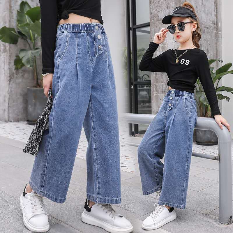 FIVE FIVE Meisjes Lente en Herfst Wijde Pijpen Denim Broek Effen Elastische Taille Kinder Jeans Koreaanse Rechte Oude Kinderbroeken 170 blauw