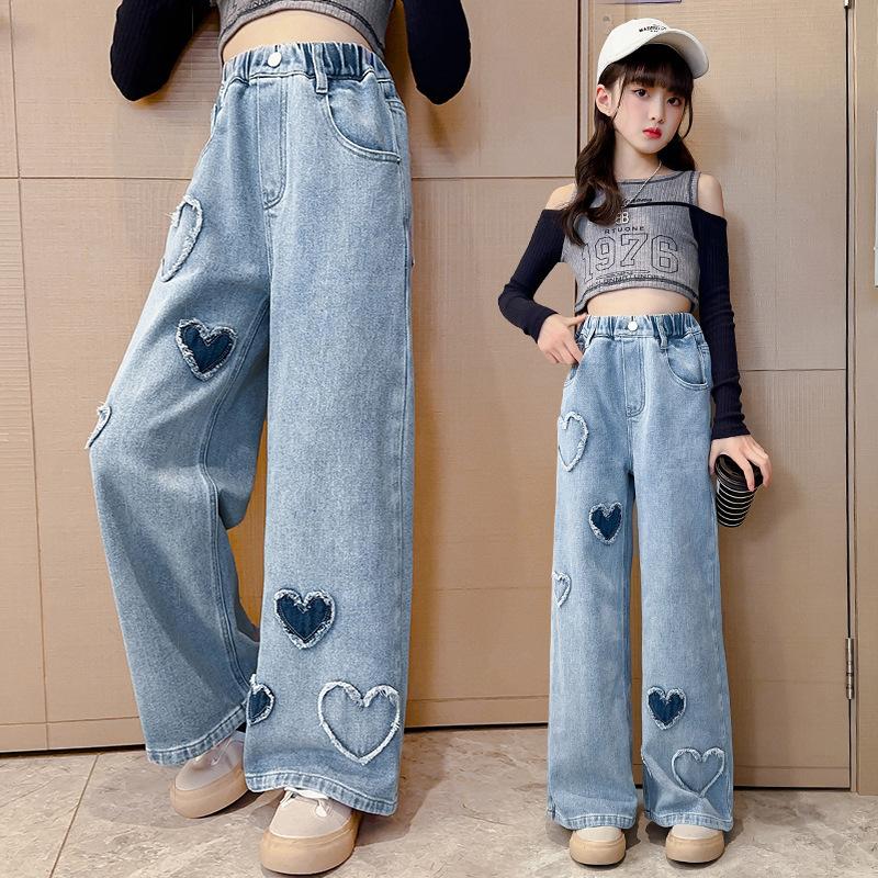 RUOK Mode Tiener Meisjes Denim Wijde Pijp Broek Blauwe Kinderbroek Lente Herfst Liefde Patroon Meisjes Jeans Kinderkleding Meisje 150cm blauw