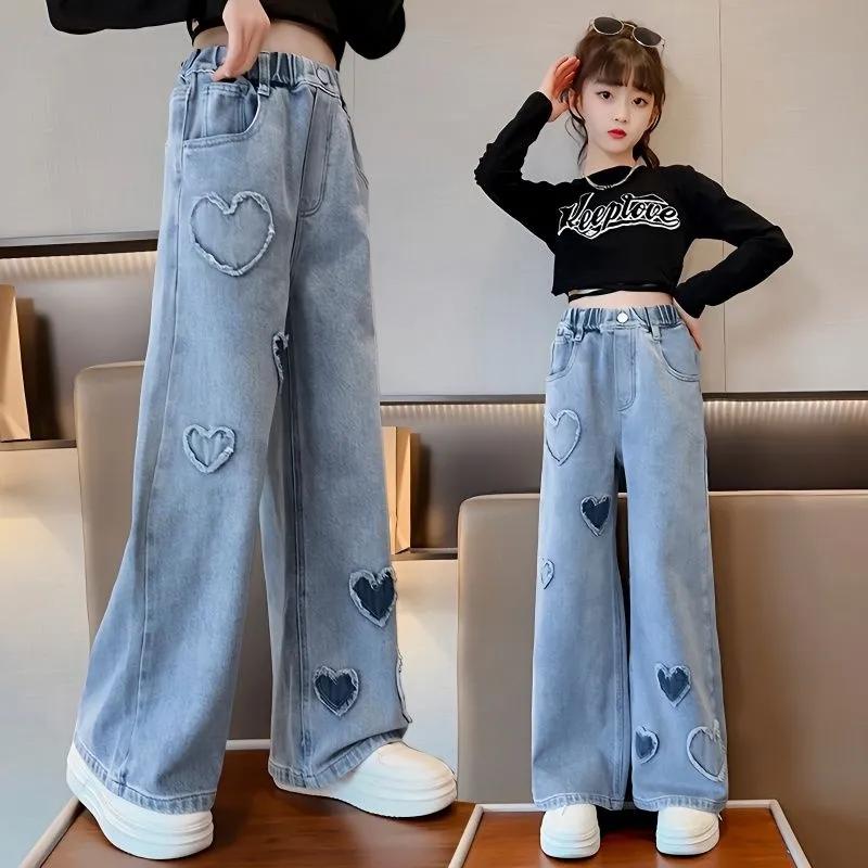 Roser Mode Tienermeisjes Denim Wijde Pijpen Broeken Kinderen Broeken Lente Herfst Liefde Patroon Meisjes Jeans 5-14 Jaar Kinderkleding 140cm