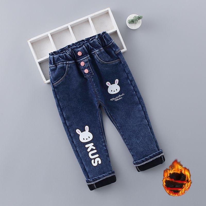 L.RIDING PULO Herfst- en wintermeisjes fleece jeans voor buitenkleding Lange oren konijn Koreaanse stijl hoge taille jeans Meisjes Koreaanse stijl trendy broeken 90