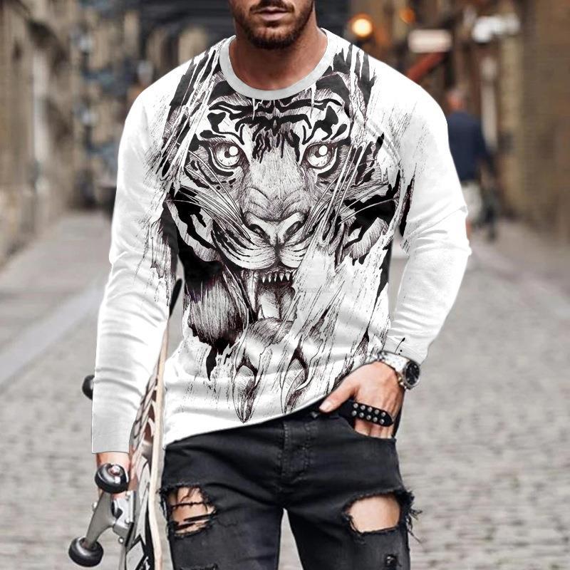 HerSight Heren lente- en herfst T-shirt met lange mouwen Heren losse ronde hals hoodie 3D-geprint bedrukte top met lange mouwen S