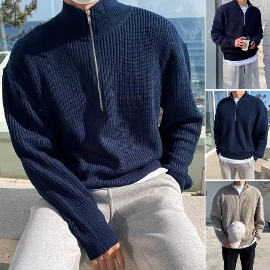 Aoring Heren Herfst Winter Trui Halve Rits Staande Kraag Elastisch Gebreid Pure Kleur Trui Losse Lange Mouwen Casual Werk School Buiten Trui L grijs