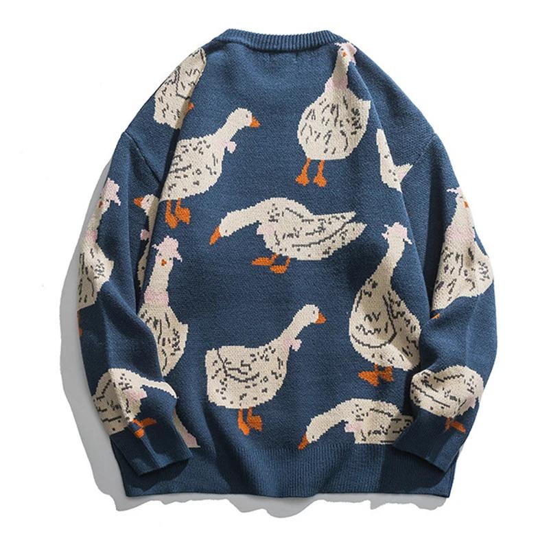 EG76LD Herfst Winter Effen Kleur Nep Twee Stukken Gebreide Trui Heren Cartoon Dier Eend Gans Print Trui Casual O-hals Oversized Top Streetwear 6XL zwart