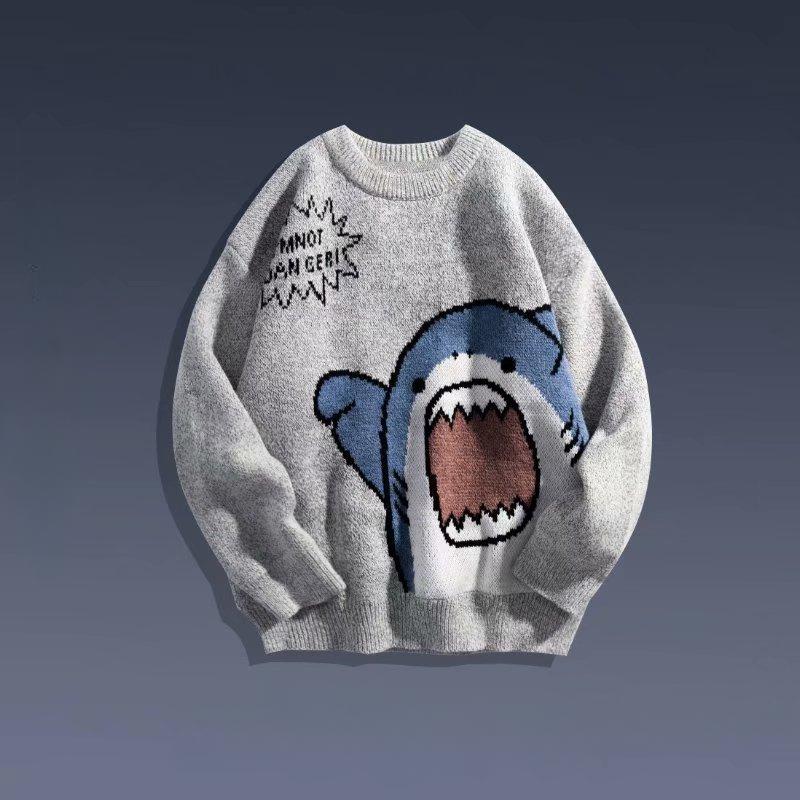 EG76LD 2024 Nieuwe Mode Cartoon Haai Ronde Hals Koppel Trui Heren Losse Gebreide Top 2XL zwart