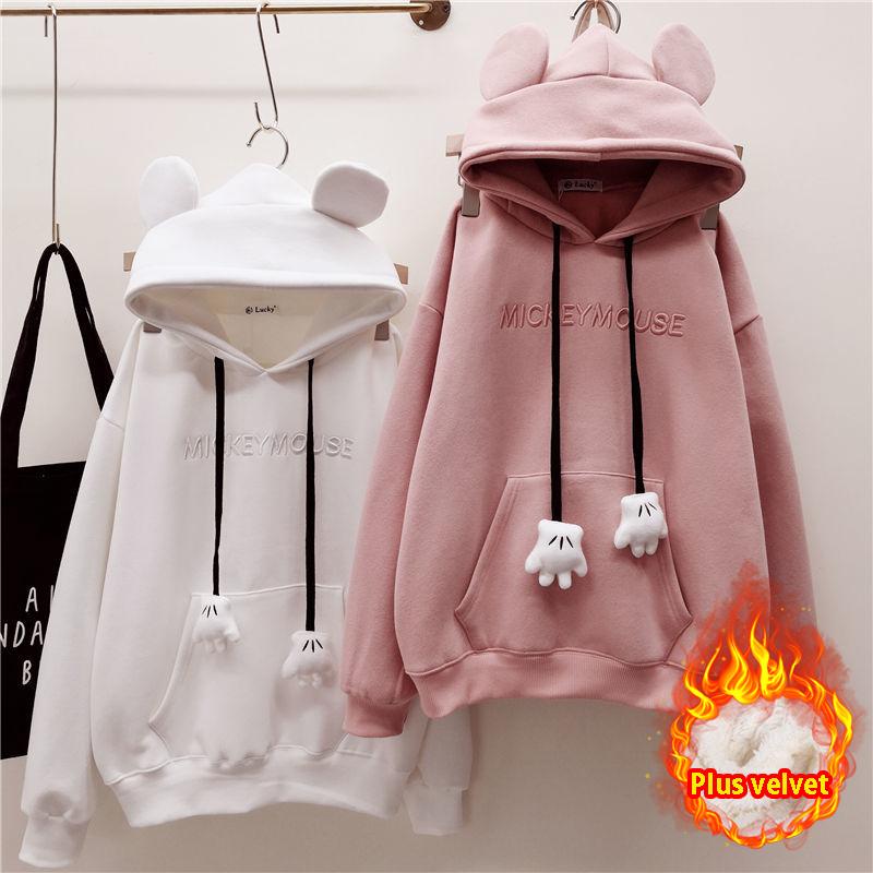 Kaihena Herfst Winter Meisjes Hoodies Schattige Berenoren Print Letter Lange Mouw Sweatshirt Kinderen Fleece Dikke Pullover Tops 10