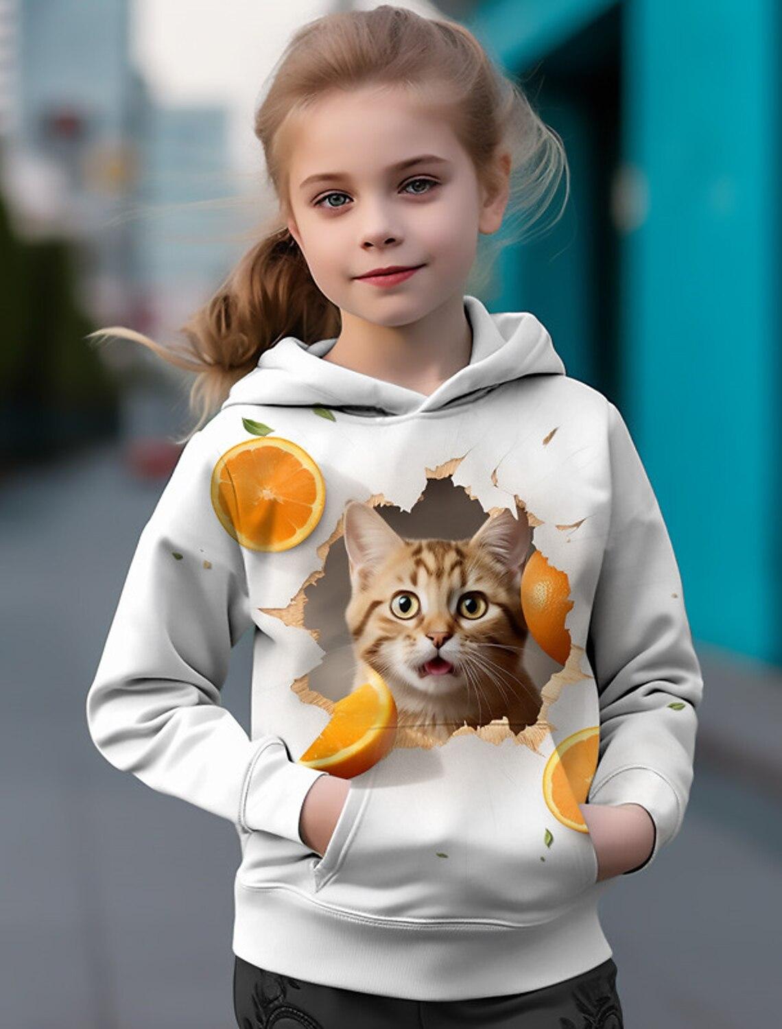 ETST 07 Kinderen Hoodies 3D Print Cartoon Kat Oranje Motieven Streetwear Jongens Meisjes Sweatshirts Oversized Hoodie Kawaii Truien Trainingspakken 100