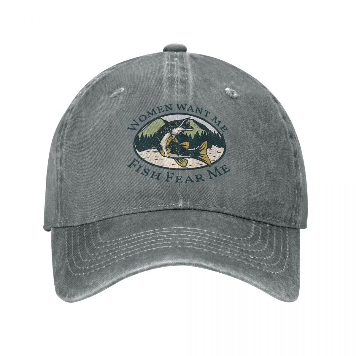 91421224MABLK3A4XG Vissen Vrees Mij Vrouwen Vrees Mij Mannen Vrouwen Baseball Cap Vissen Versleten Denim Gewassen Petten Hoed Mode Zomer Verstelbare Hoofddeksels One Size