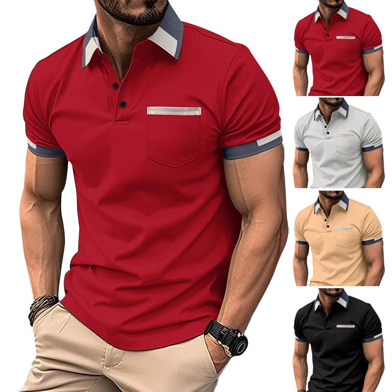 Little red horse Nieuwe heren casual POLO shirt borstzak V-hals knoop gestreept kleurblok T-shirt losse tops S zwart
