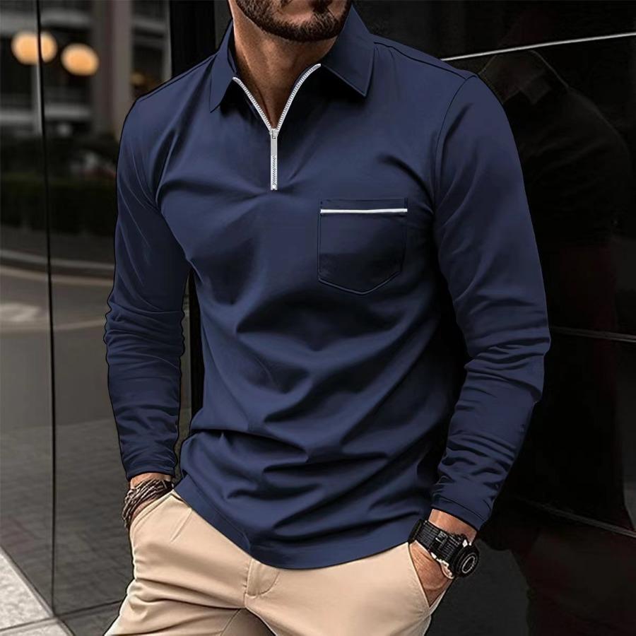 WowClassic Lange mouwen revers rits borstzak polo's shirts streetwear tops heren casual lente herfst sport polo shirt S