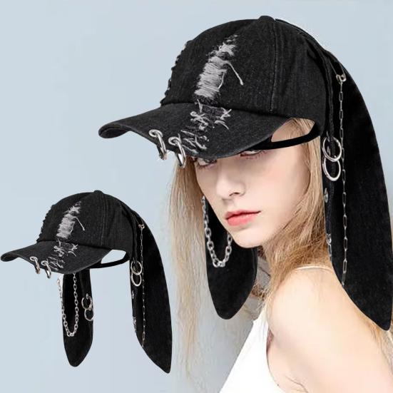 Livia Donkere punkstijl denim honkbalpet, verstelbare denim pet met metalen ringen, 3D-konijnenoren, streetwearaccessoire B