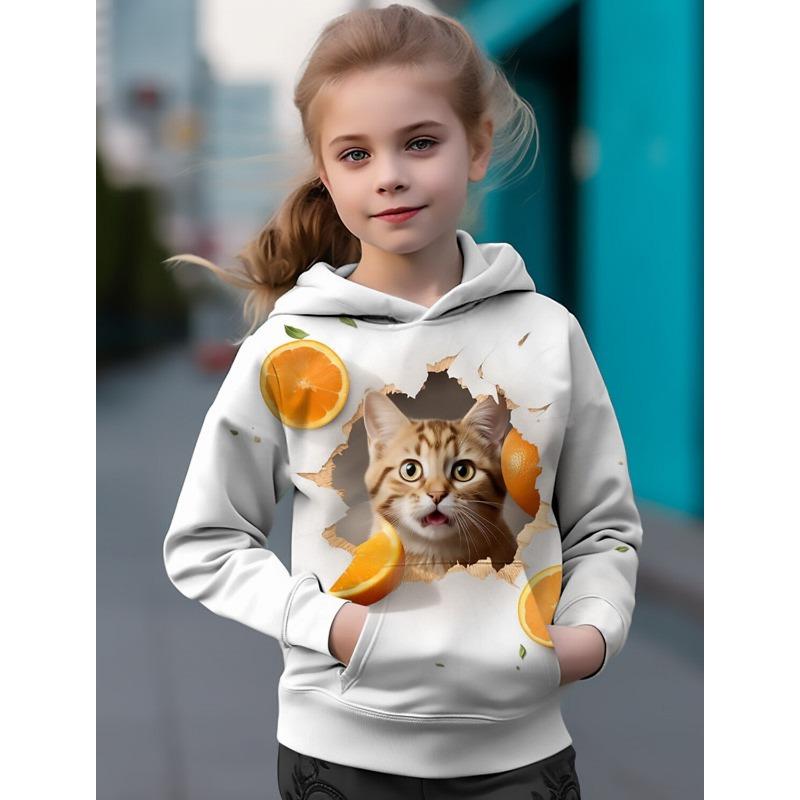 ETST 007 Kinderen Hoodies 3D Print Cartoon Kat Oranje Motieven Streetwear Jongens Meisjes Sweatshirts Oversized Hoodie Kawaii Truien Trainingspakken 100CM