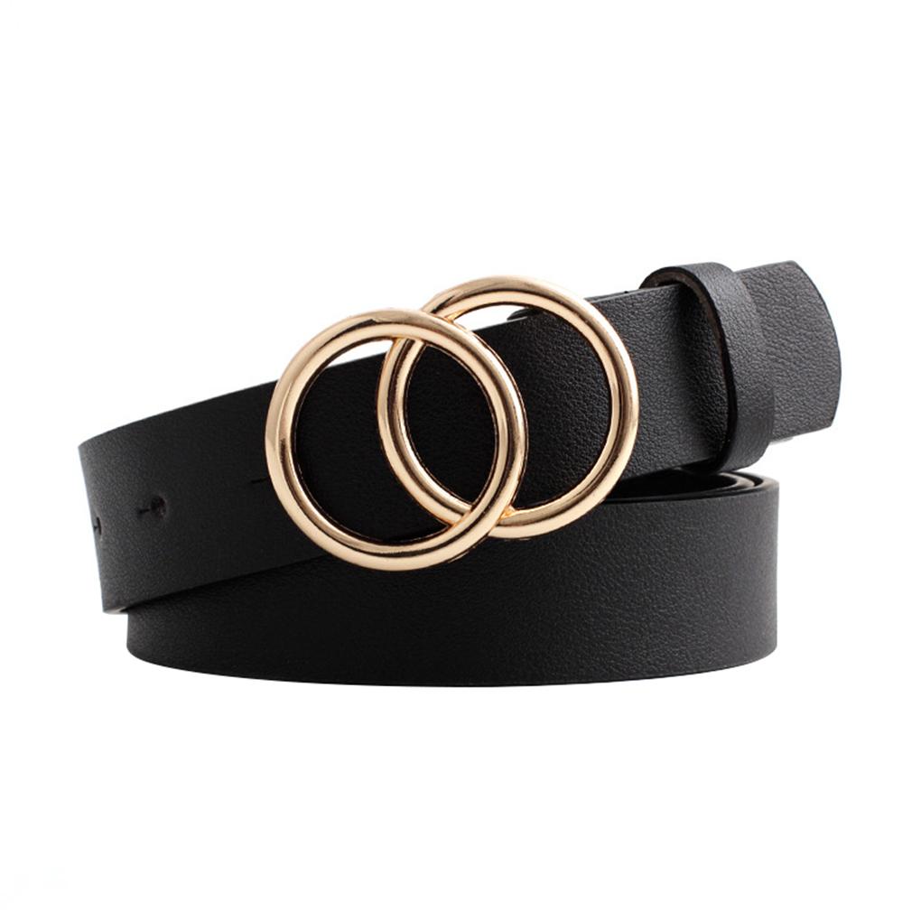 YA84EQ Dubbele ring cirkel ontwerp vrouwen leren riem eenvoudig ontwerp effen kleur meisjes verstelbare tailleband zwart
