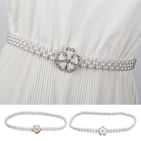 Wangmingyuan Parelriem voor vrouwen Mode Strass Bloemen Parel Decoratieve Tailleketting Zoete Jurk Elastische Riem Elegante Feestaccessoire goud