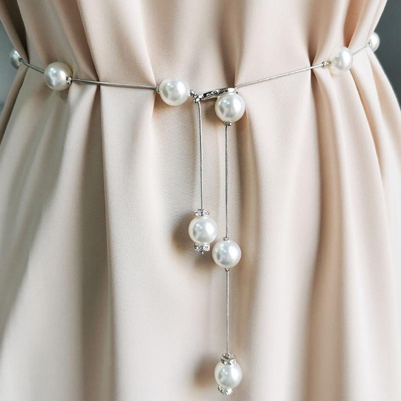 Three Meows Parel Dames Riem Dunne Ketting Riem Voor Dames Jurk Skinny Tailleband Decoratief goud