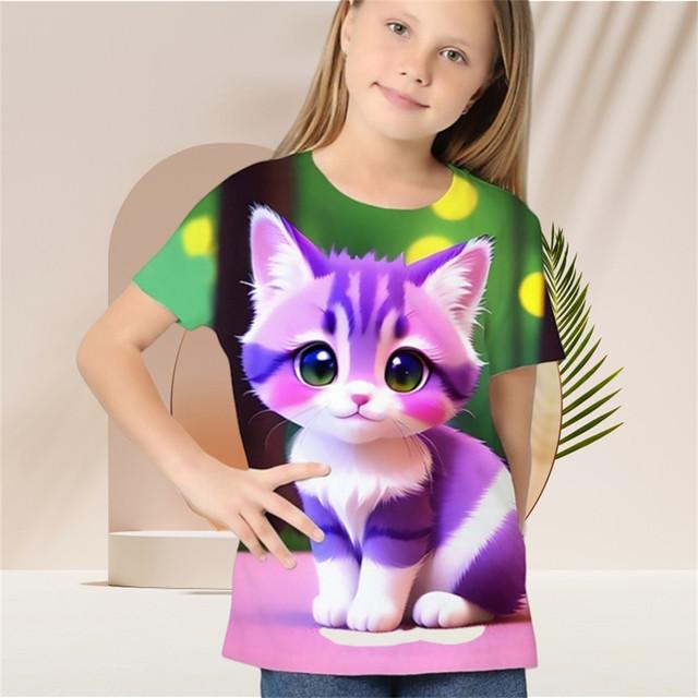 Xuhaijian02 Kinderen Meisjes T-shirt Gradiënt Pailletten Kawaii Kat Korte Mouw O-hals Pyjama voor Kinderen Kleding Meisjes van 2 tot 7 Jaar T-shirt Top 150