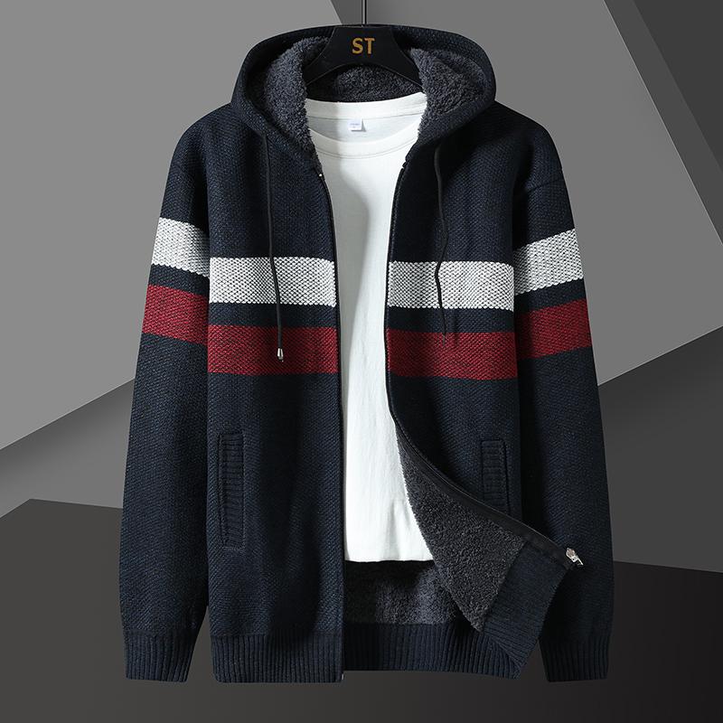 WOLF MAN Winter gestreepte heren trui jas dikke fleece warme rits wollen capuchon vest truien heren lange mouw gebreide truien L blauw
