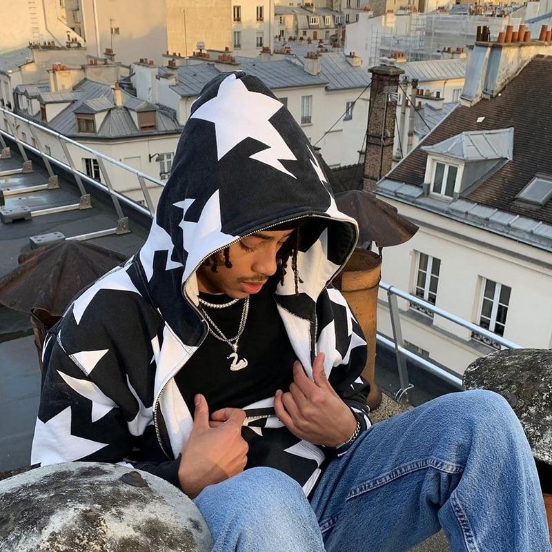 NB Fashion Y2K Heren Hoodies Mode Sterrenprint Ritssluiting Lange Mouw Oversized Capuchon Sweatshirts Gotische Grunge Jas Jas Harajuku Streetwear S roze