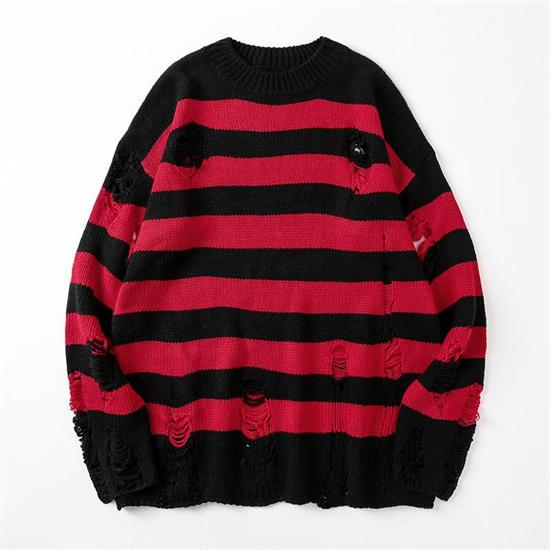 FX Men Zwarte strepen truien vernietigd gescheurde trui heren pullover gat gebreide truien heren oversized sweatshirt harajuku lange mouwen tops M wit