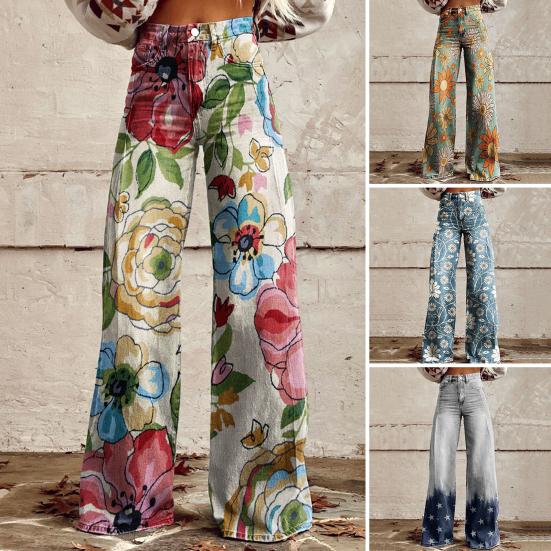 Bluelans clothing Dames Jeans Knoop Rits Gulp Rechte Pijpen Denim Broek met Zakken Digitale Bloemenprint Lange Streetwear XL geel