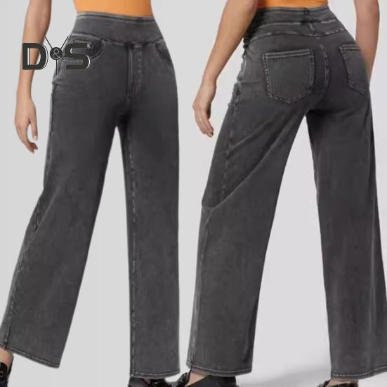 Eyouth G Dames Jeans Elastische Hoge Taille Slim Fit Licht Uitlopende Wijde Pijp Lange Denim Broek met Zakken Effen Kleur Jeans XL donkergrijze kleur
