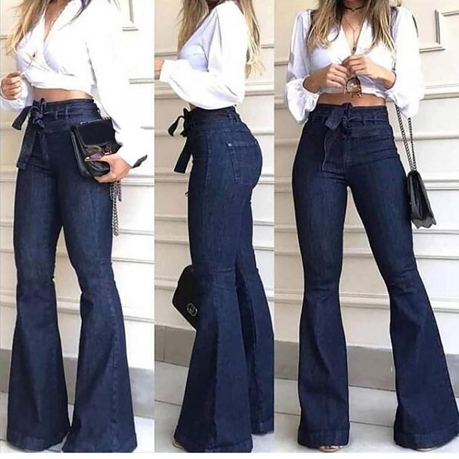 WQJ17EP Mode dames hoge taille veter stretch wijde pijp jeans klokbodem broek L blauw