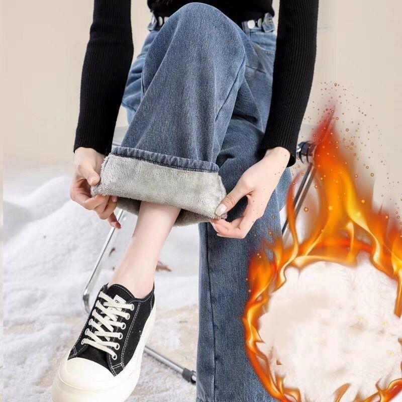 Roser Dames Winter Gewatteerde en Verdikte Wijde Jeans Studenten Rechte Mid-taille Warme Broek XXL blauw