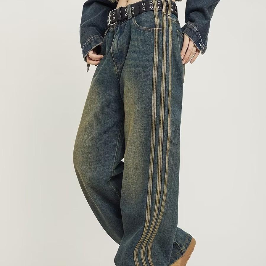 Aura Y2K Vintage hoge taille streetwear stijl blauwe jeans broek Koreaanse mode dames wijde pijpen gestreepte denim broek vrouwelijke kleding S