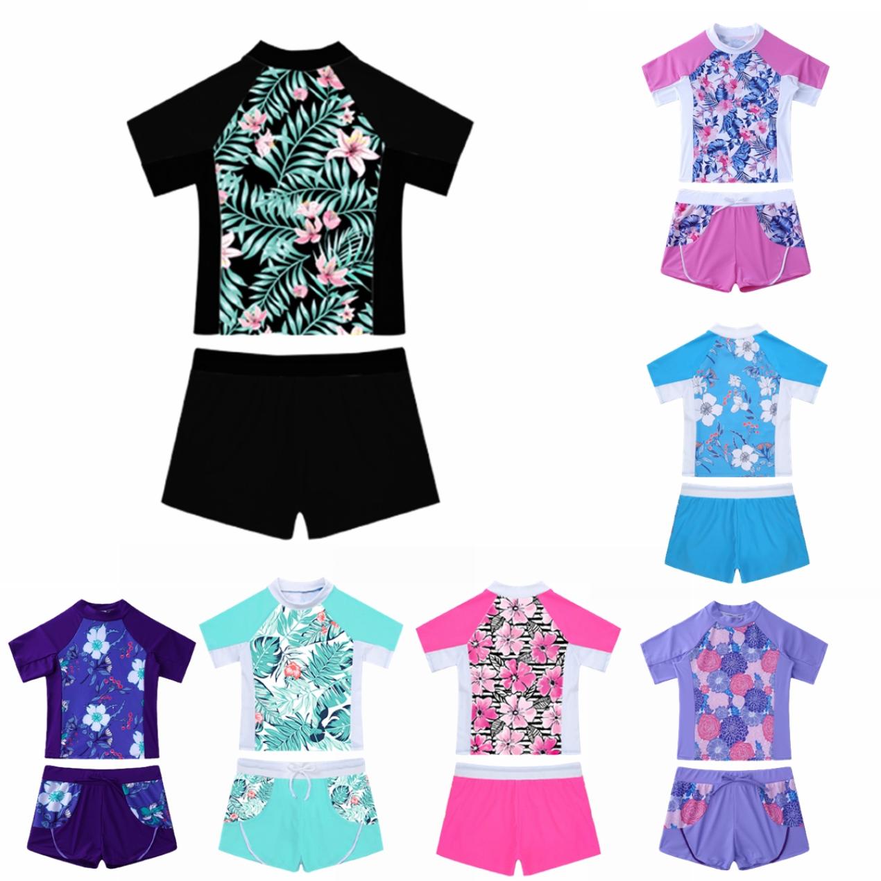 IEFiEL 2 stuks kindermeisjes zwempak ronde hals korte mouwen bloemenprint top en trekkoord shorts strand badmode badpakken 5-6 Years blauw