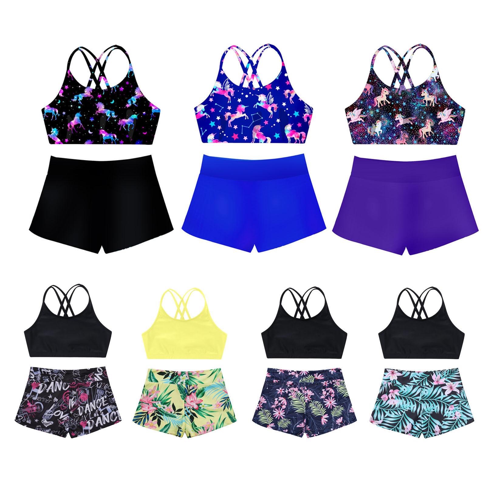 Sywiyi 2 stuks kinderen meisjes tankini badpakken bloemen bedrukt sportpak gekruiste bandjes tank crop top en shorts set badmode strand badpakken 5-6 Years groen/zwart