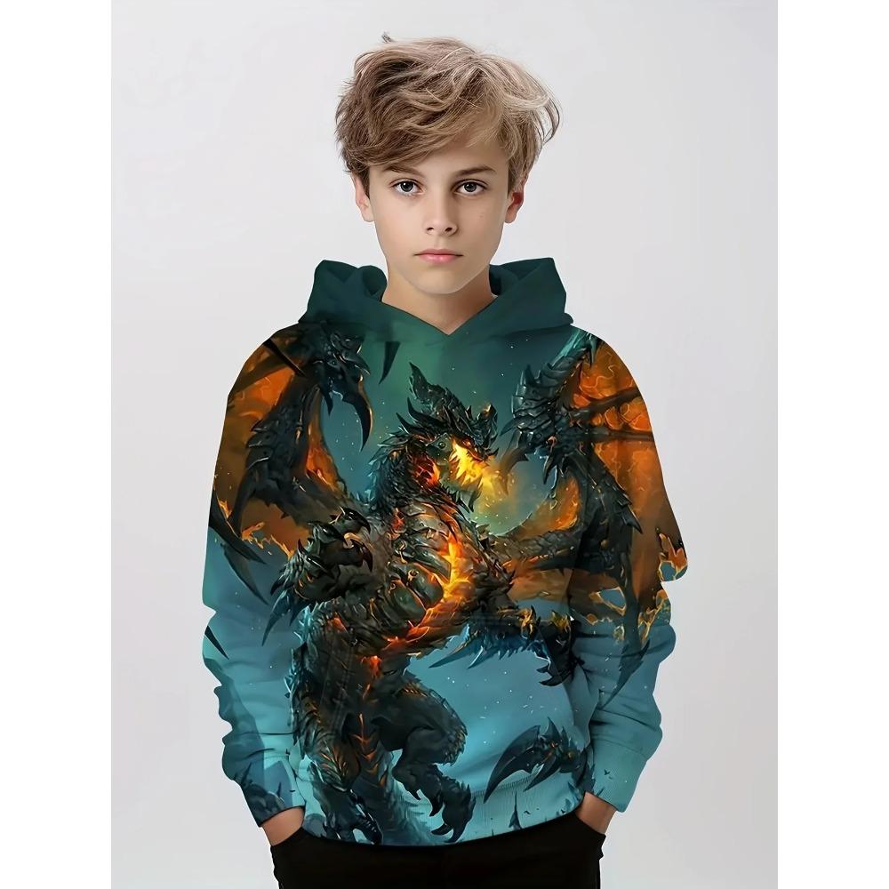 ETST008 Mode Draak 3D Print Jongens Casual Pullover Capuchon Lange Mouw Sweatshirt Voor Lente Herfst, Kinderen Hoodie Tops Outdoor 100CM