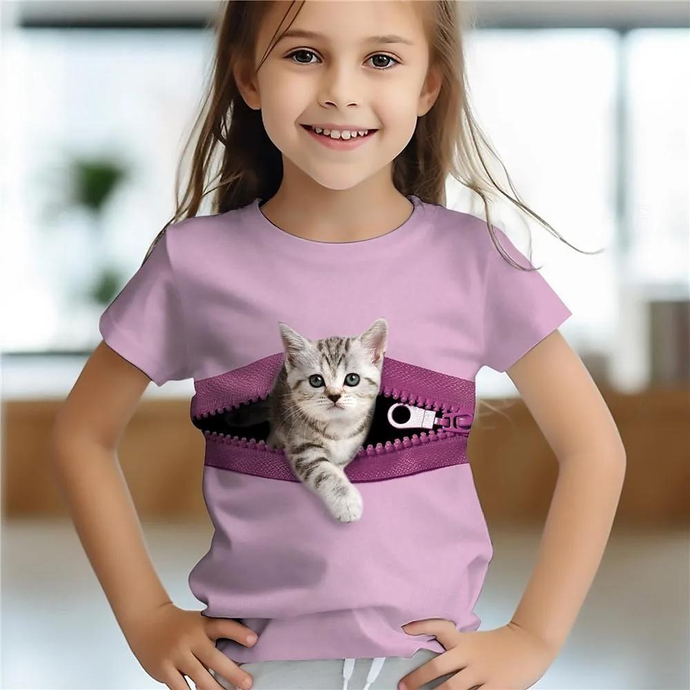 ETST WENDY 012 Zomer Nieuwe Kinderen Nieuwe Schattige Kattenpatroon 3D-Print T-shirt Meisjes Mode Schattige Patroon Casual Trendy Korte Mouwen Tops 140