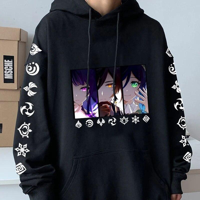 WE BELIEVE Venti Zhongli Raiden Shogun Oversized Genshin Impact Hoodie Casual Grafische Esthetiek Heren Truien Sportkleding Hip Hop Sweatshirt S zwart