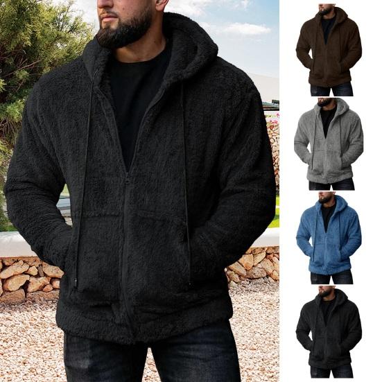 Bohuidadeng Winter Heren Trui Capuchon Ritssluiting Lange Mouwen Trekkoord Dik Pluche Effen Kleur Cardigan Zakken Middellange Outdoor Thermische Jas XL bruin