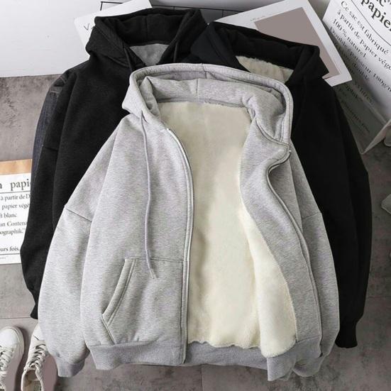 Jingli Herfst Winter Herenjas Ritssluiting Lange Mouwen Elastische Manchetten Dik Plus Size Trekkoord Pluche Effen Kleur Losse Zakken Dagelijkse Sport Hoodie XL grijs
