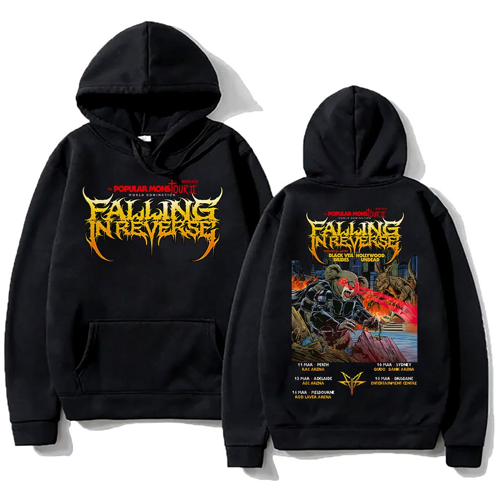 Planet clothing wholesale Populaire Mons Tour II World Domination Hoodie Falling In Reverse Sweatshirt Unisex Herfst High Street Pullover Tweezijdige Print Hoody XS zwart