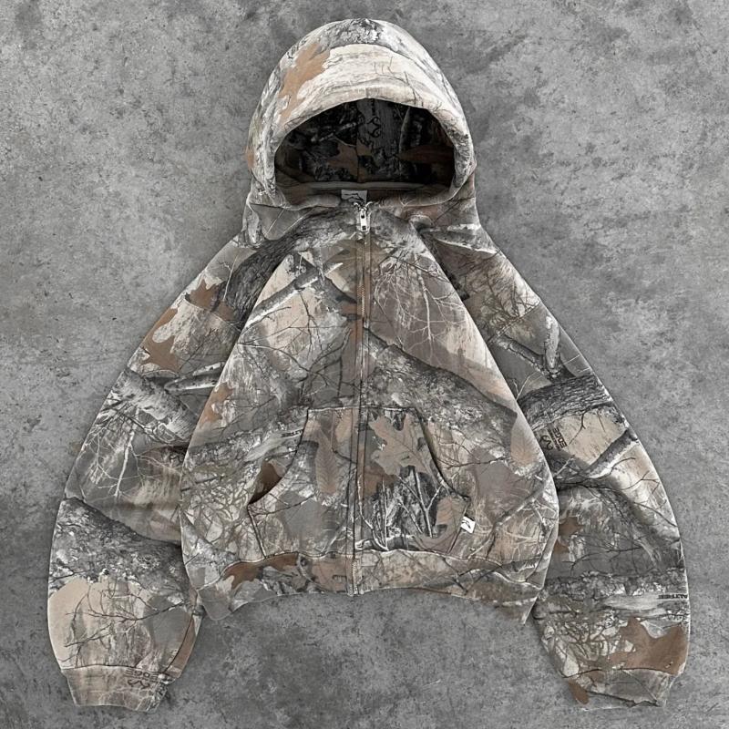 NB Fashion Retro Zip Up Hoodie Heren Camouflage Patroon Rits Sweatshirt High Street Hip Hop Streetwear Oversized Unisex Camo Hoodie S grijs