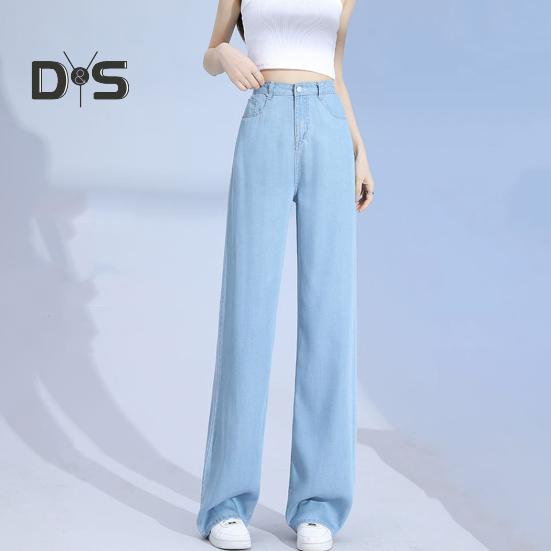 Eyouth G Dames Jeans Recht Elastisch Hoge Taille Effen Kleur Knoopsluiting Ritssluiting Zakken Wijde Pijpen Volledige Lengte Rekbaar Pendelen Daten Winkelen Lange Broek 2XL blauw