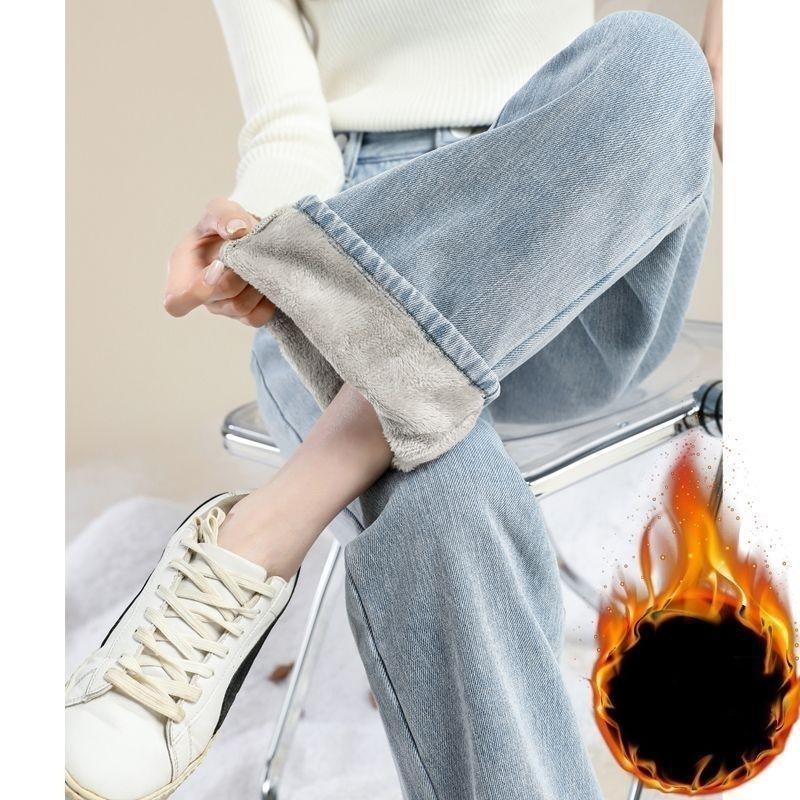 First Club Dames Winter Gewatteerde en Verdikte Wijde Jeans Studenten Rechte Mid-taille Warme Broek 2XL