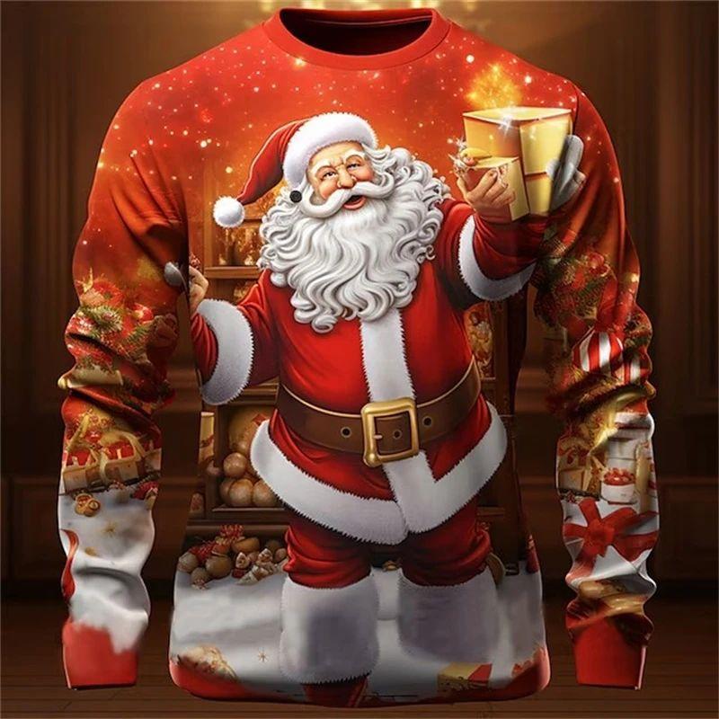 ETST 05 Nieuwe lente- en herfstmode voor heren, interessant Nieuwjaar Santa 3D-geprinte lange mouwen ronde hals plus size losse ademende top S
