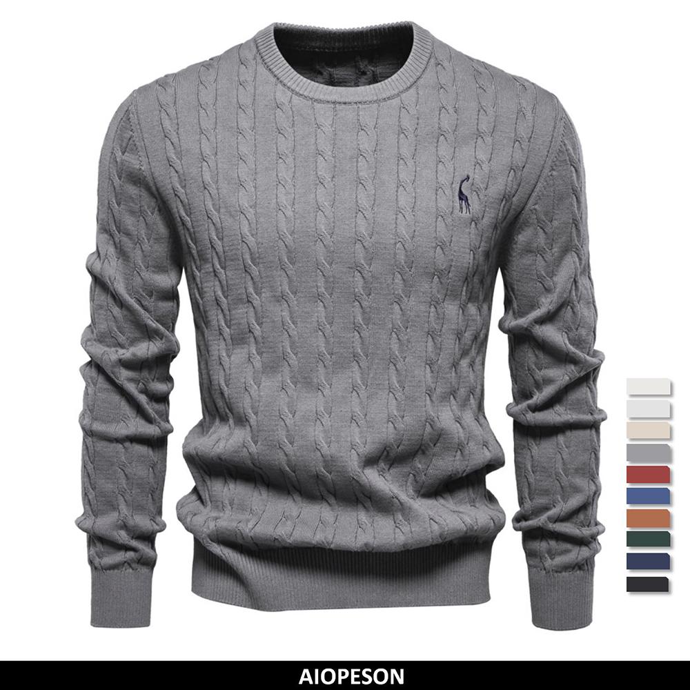 AIOPESON Heren Giraffe Borduurwerk Katoenen Truien Ronde Hals Klassieke Twist Patroon Pullover Gebreide Trui voor Heren S 55-65 kg zwart