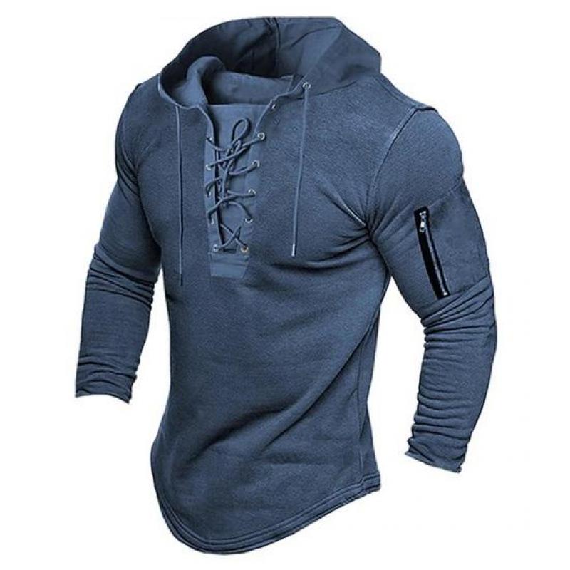 FX Men Heren Lente Herfst Hoodie Vetersluiting Capuchon Effen Kleur Rits Decor Slim Fit Mid Lengte Casual Vintage Heren Truien Tops XL blauw