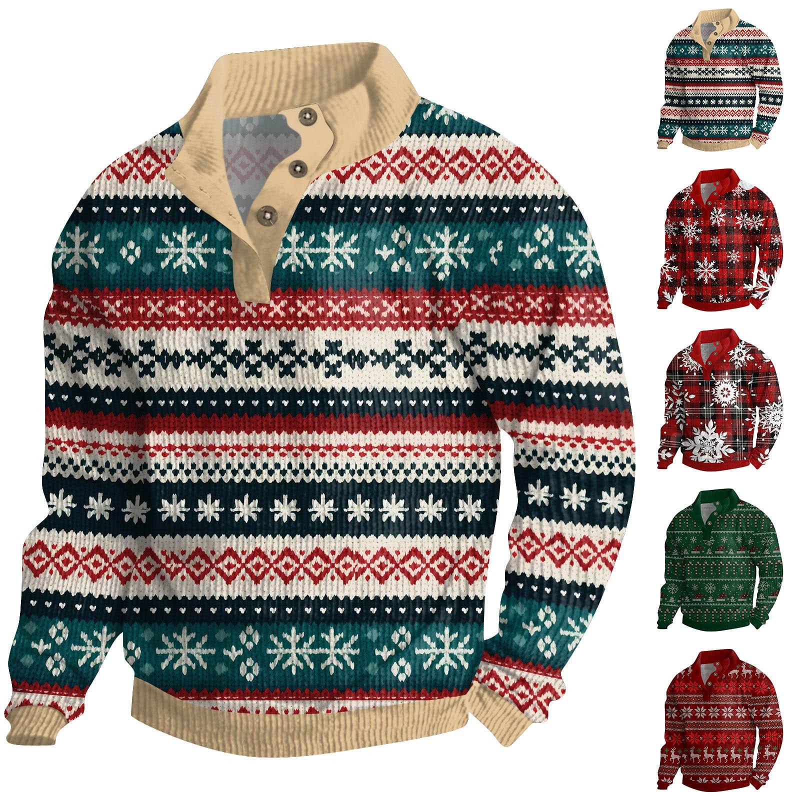 Winnerer Uranus Heren Kerst Katoenen Pullover Lange Mouw Outdoor Shirt Vintage Corduroy Knoop Stand Kraag Shirt Casual Sweatshirt Kerst Print Top L donkergroene kleur