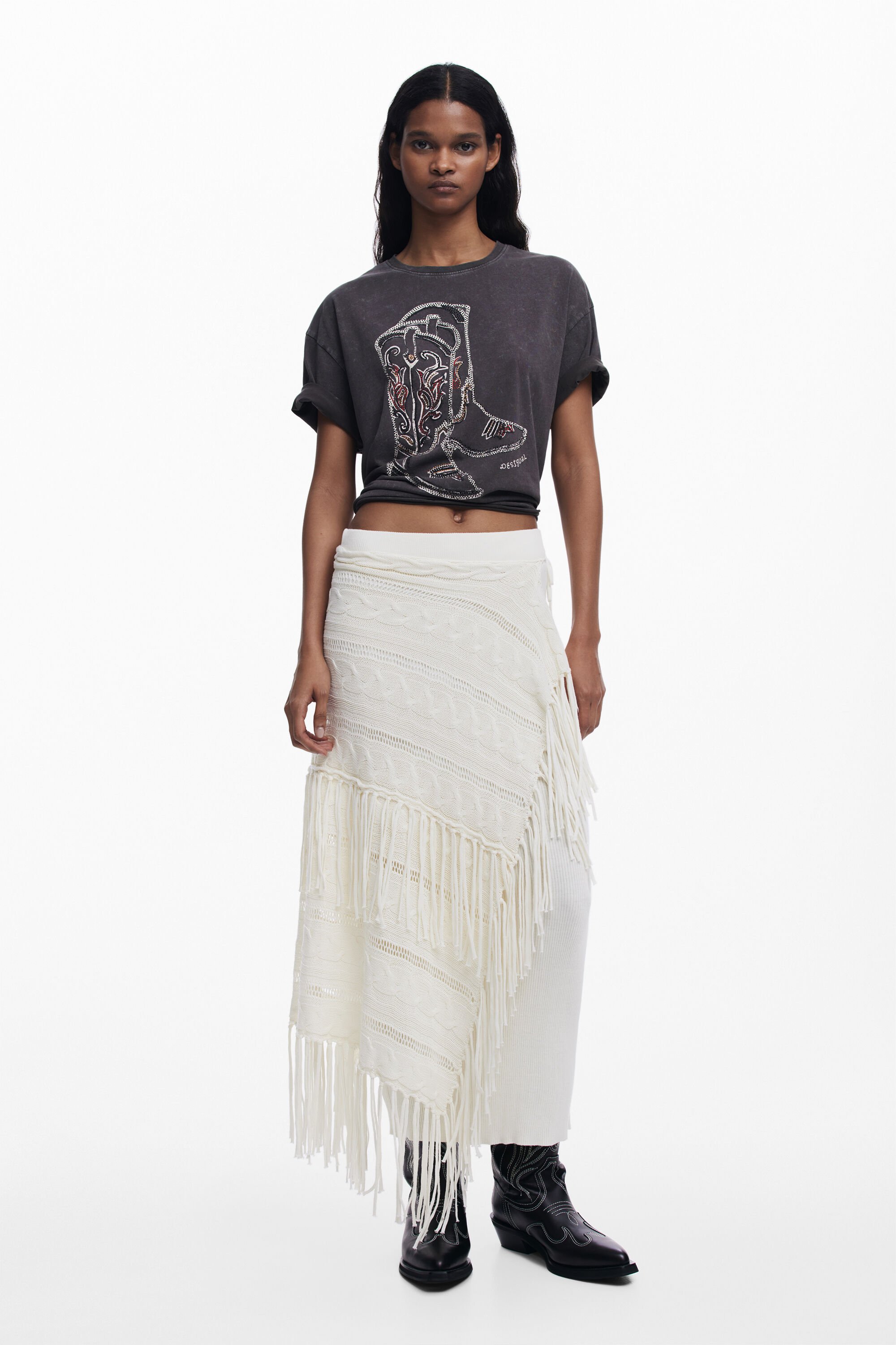 desigual Gebreide rok met franjes - MATERIAL FINISHES