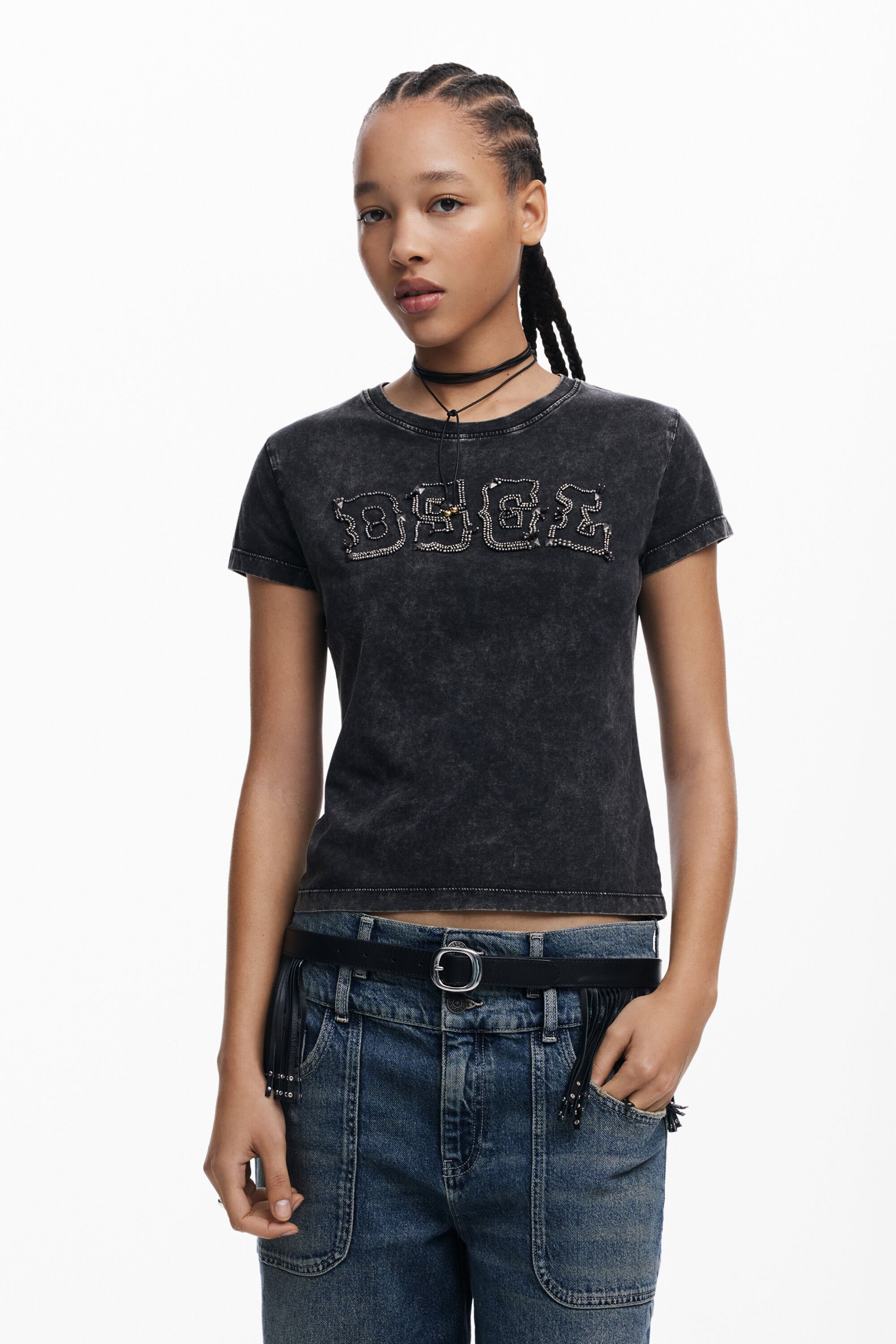 desigual Shirt met logo en studs - BLACK