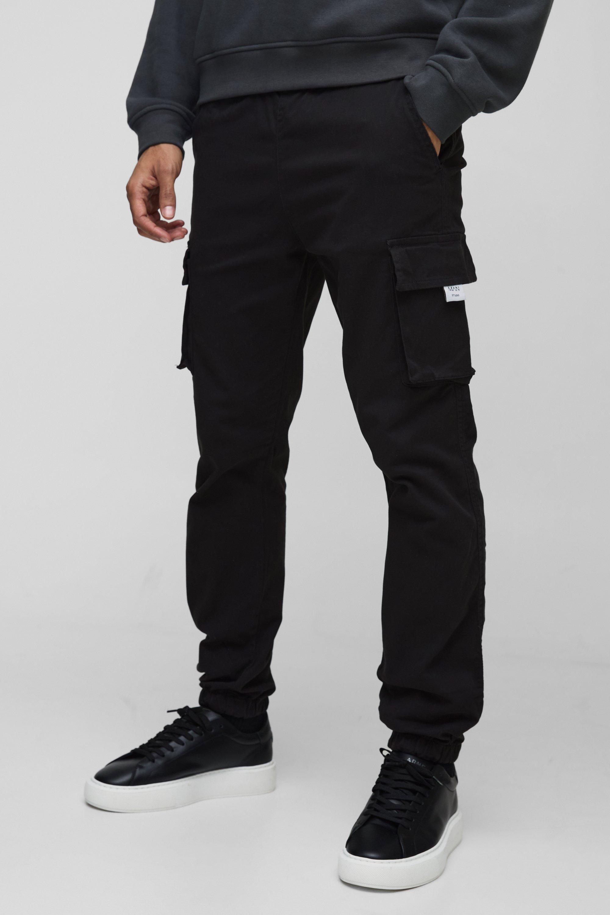 Boohoo Geweven Slim Fit Cargo Broek Met Elastische Taille En Label, Black