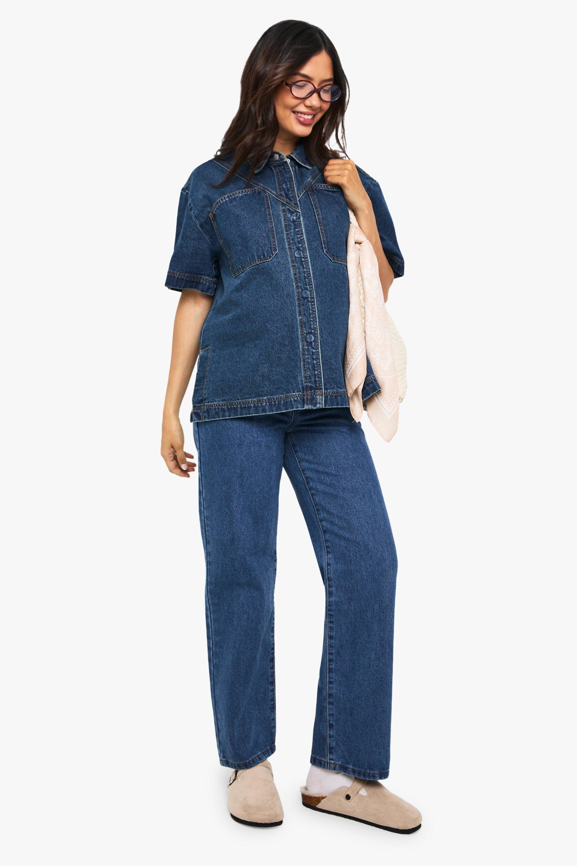 Boohoo Zwangerschap Over The Bump Boyfriend Jeans, Mid Blue