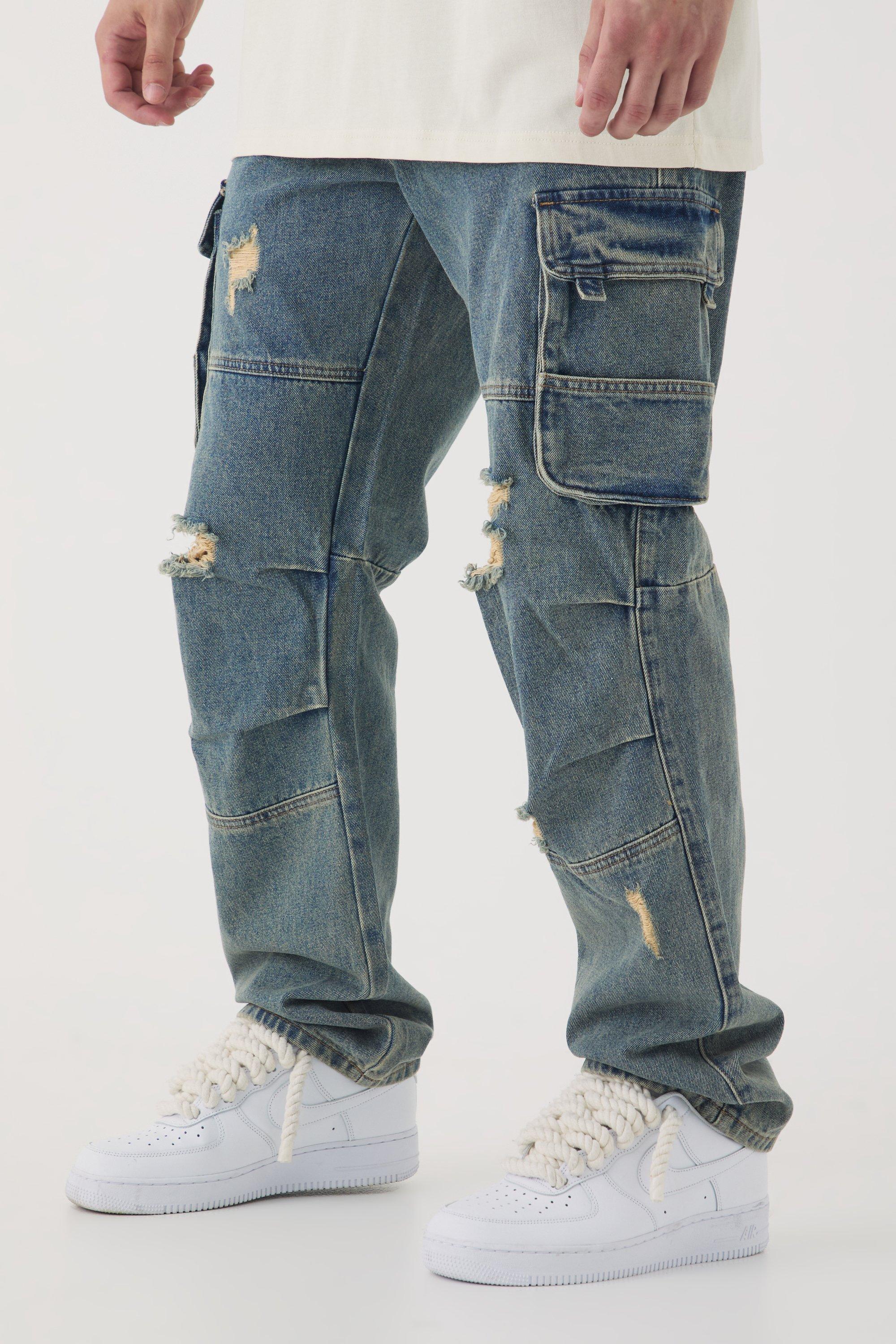 Boohoo Tall Versleten Baggy Cargo Jeans, Mid Wash