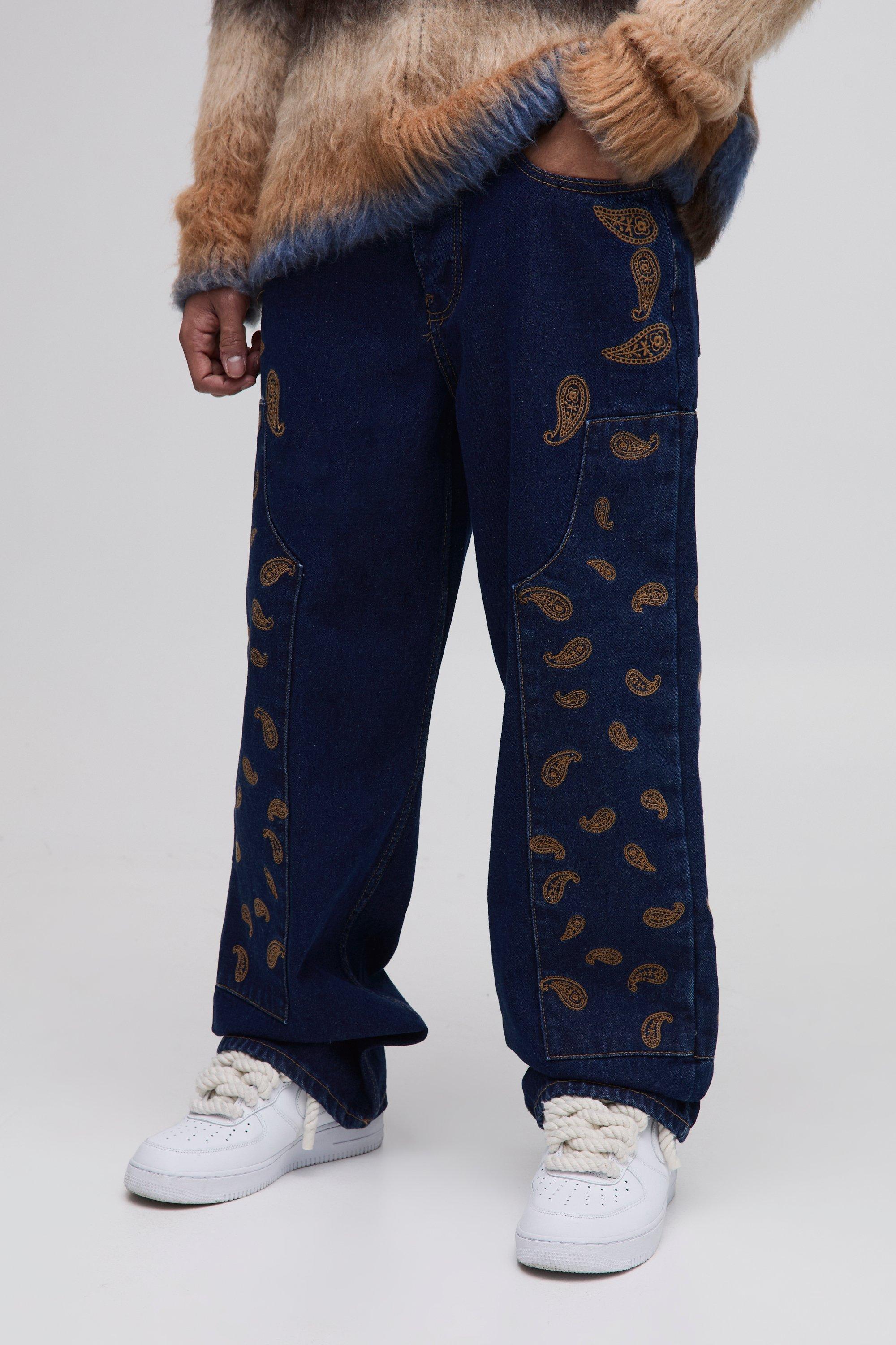 Boohoo Geborduurde Baggy Paisley Jeans, Indigo