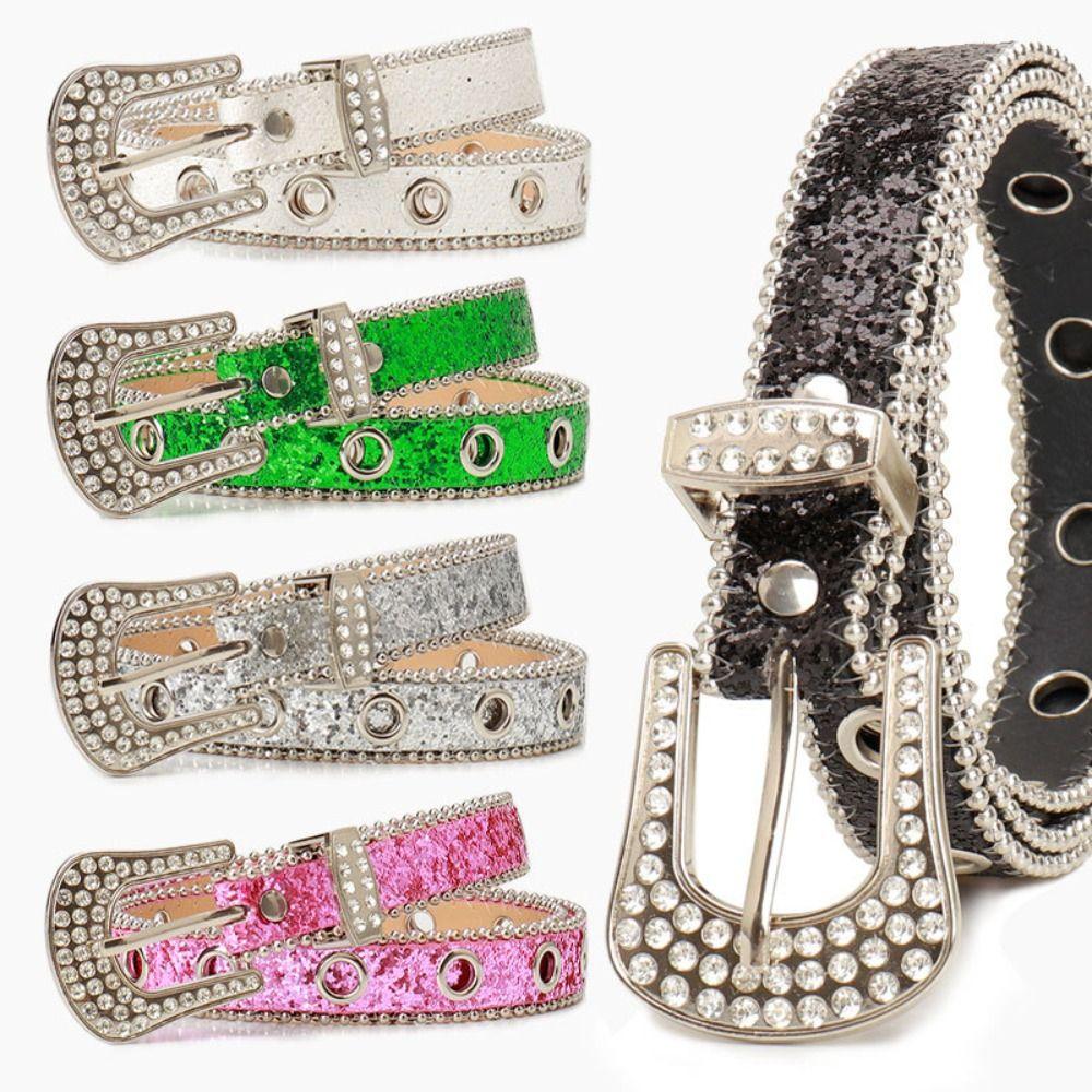 LinsooMee Sparkling Rhinestone Women's Belt Adjustable Length Leather Belt Waistband  for y2k Girls zilver