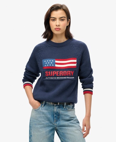 Superdry Vrouwen Americana Gebreide Trui met Ronde Hals Blauw